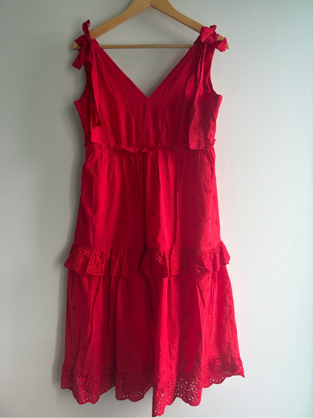 Red Tie-Shoulder Eyelet Midi Dress